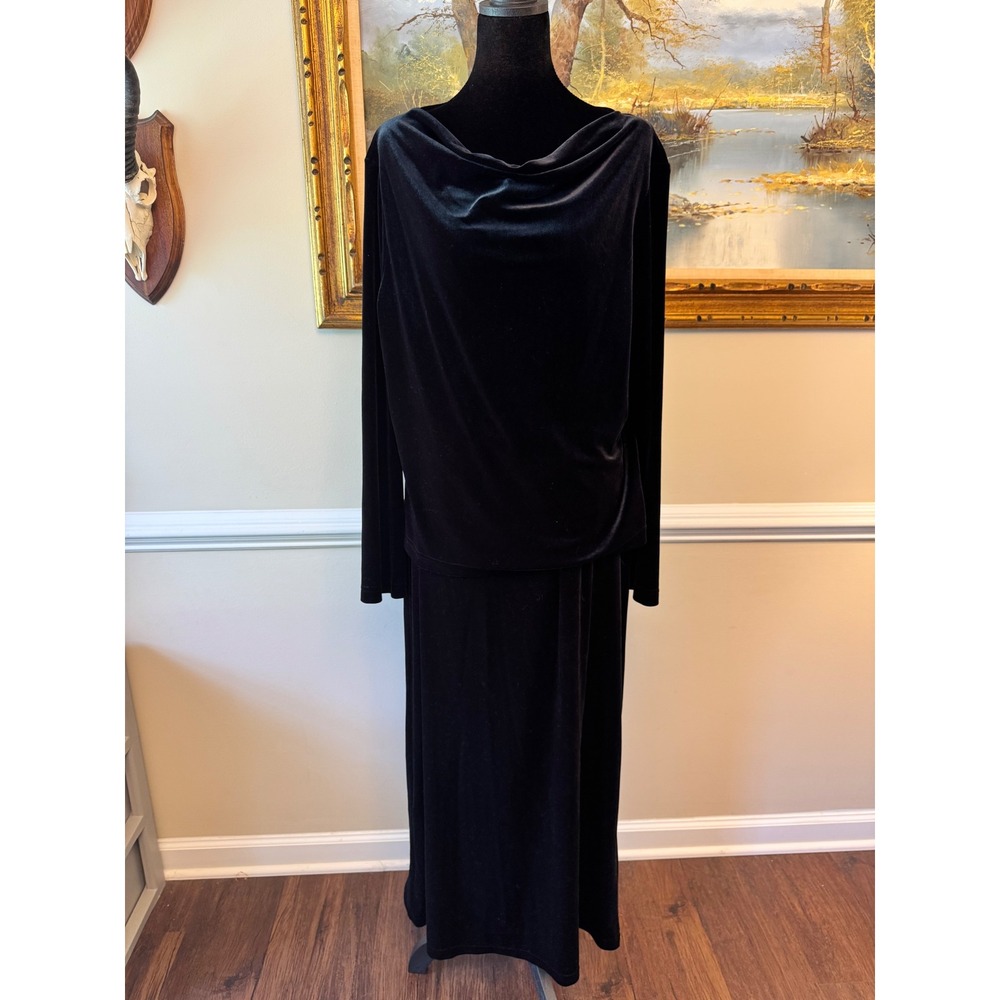 Vintage Giorgio Fiorini Black Velour Cowl Neck Top & Maxi Skirt Set XL USA Made